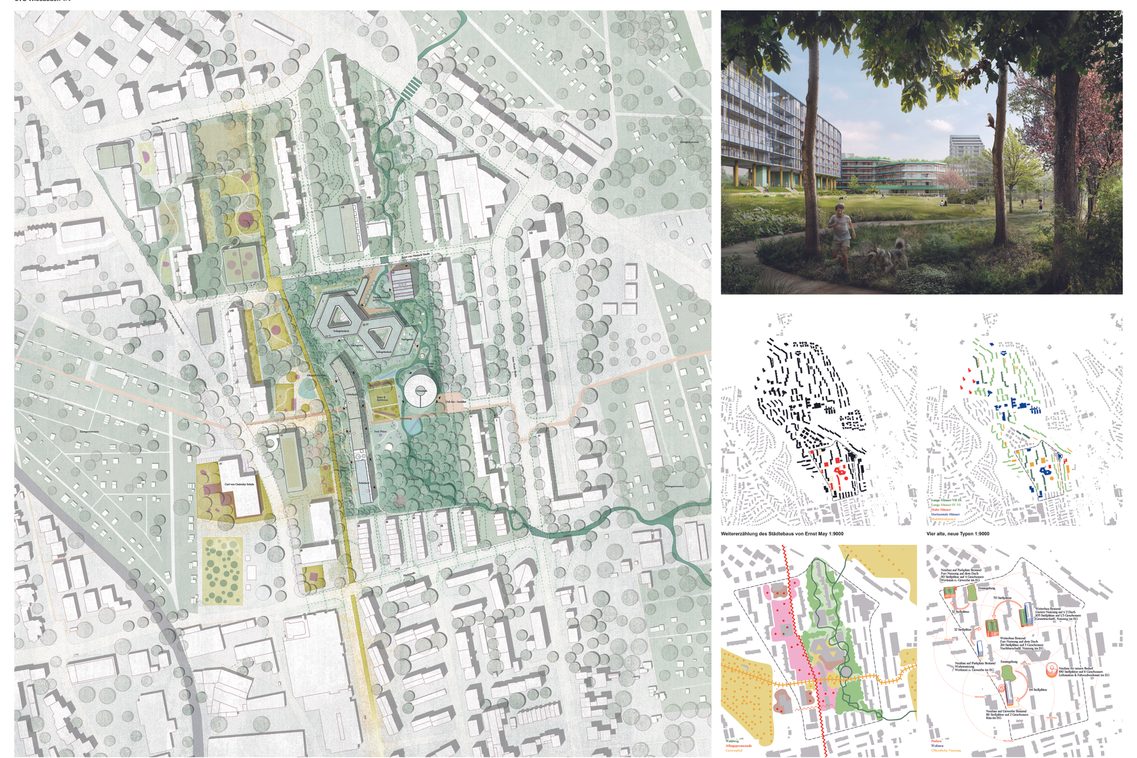 Verschiedene Darstellungen zum Plangebiet. Hier: eine fotorealistische Visualisierung, ein Schwarzplan des Stadtteils mit der neuen Bebauung rot hervorgehoben, ein Rahmenplan, der den Bebaungsvorschlag in die erweiterte Umgebung einbettet und eine übergeordnete Wegebeziehung deutlich werden lässt und mehrere Schemazeichnungen zu verschiedenen Themen