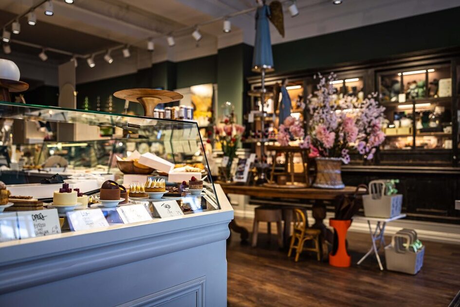 View into L'art sucré with counter and tartlets
