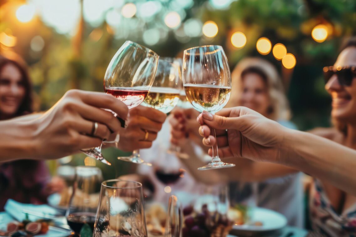 Celebrating friends with wine glasses