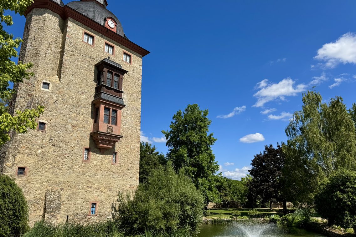 Blick auf Teich und Turm im Schloss Vollrads