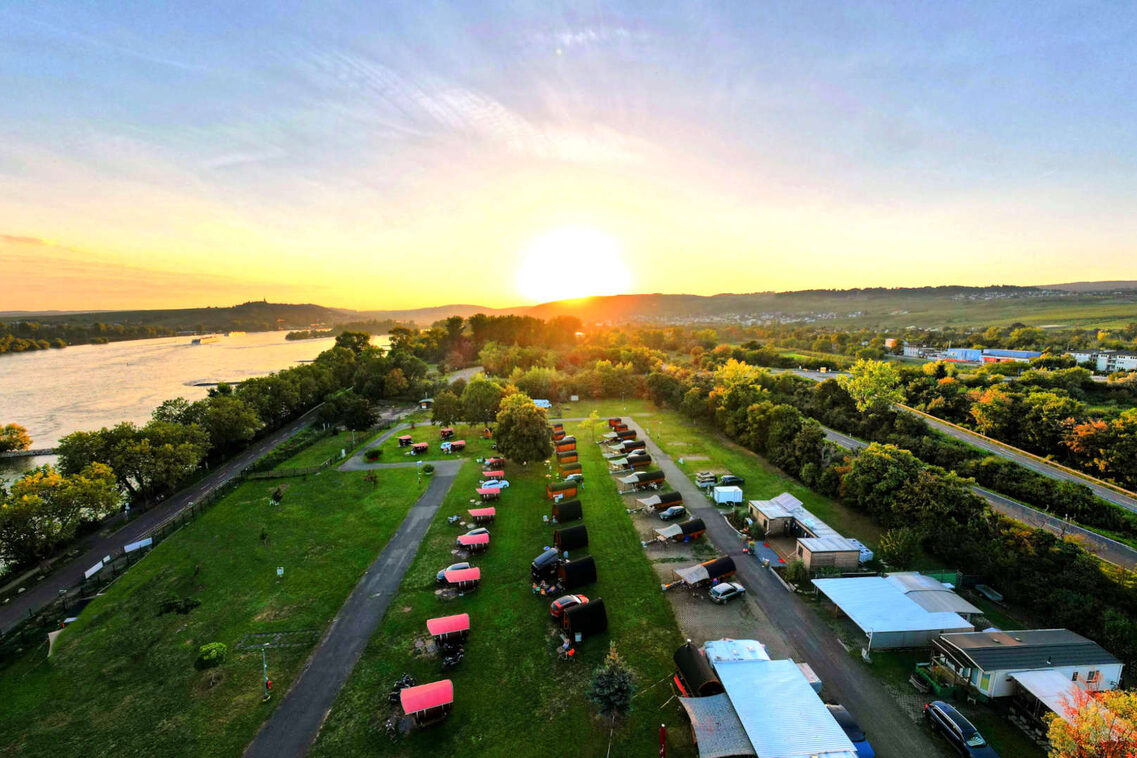 Campsite from above at sunset