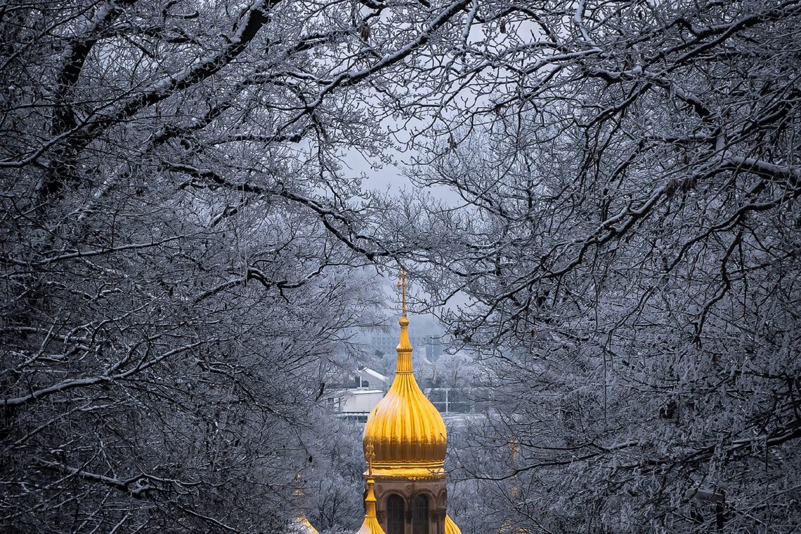 The golden domes of the Russian Chapel in winter