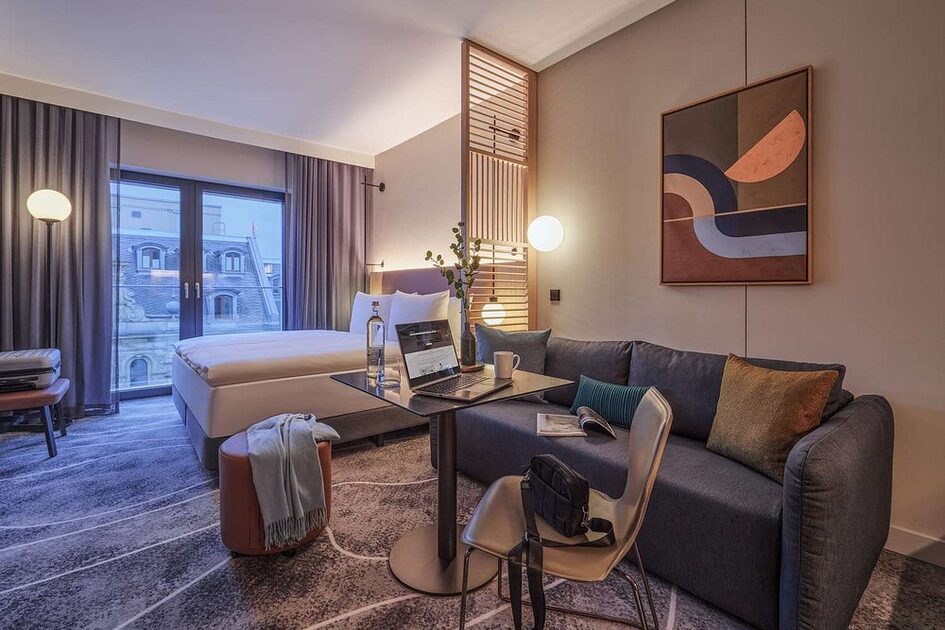 View into a room with sofa