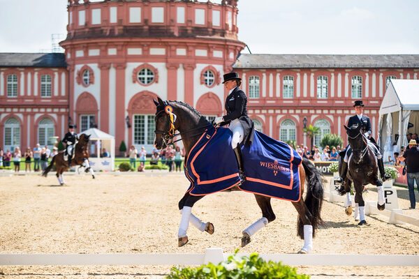 Dressurreiterin vor Schloss