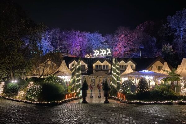 festlich beleuchtetes Haus mit beleuchteten Rentieren