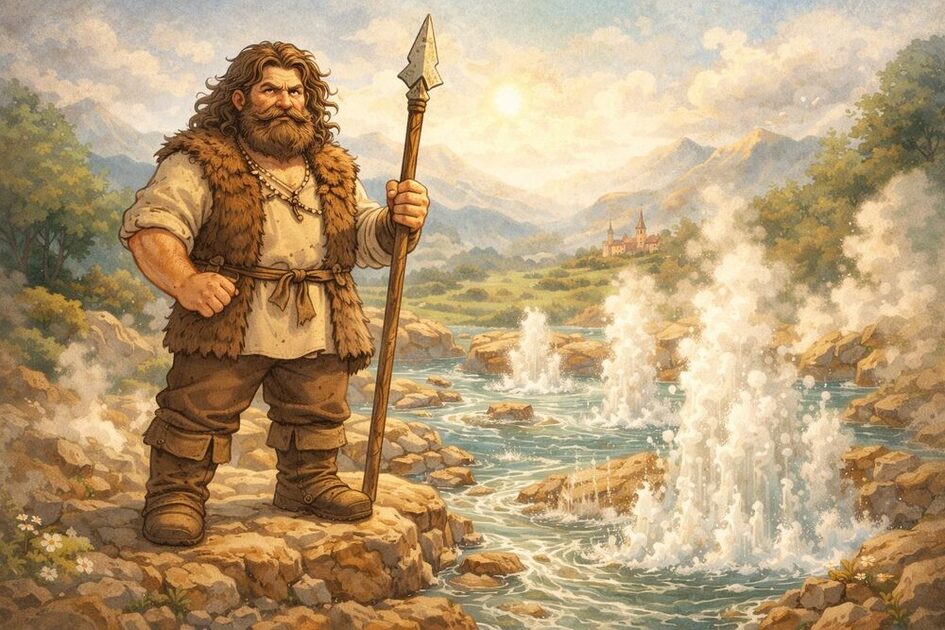 The giant Ekko with his lance and the hot springs