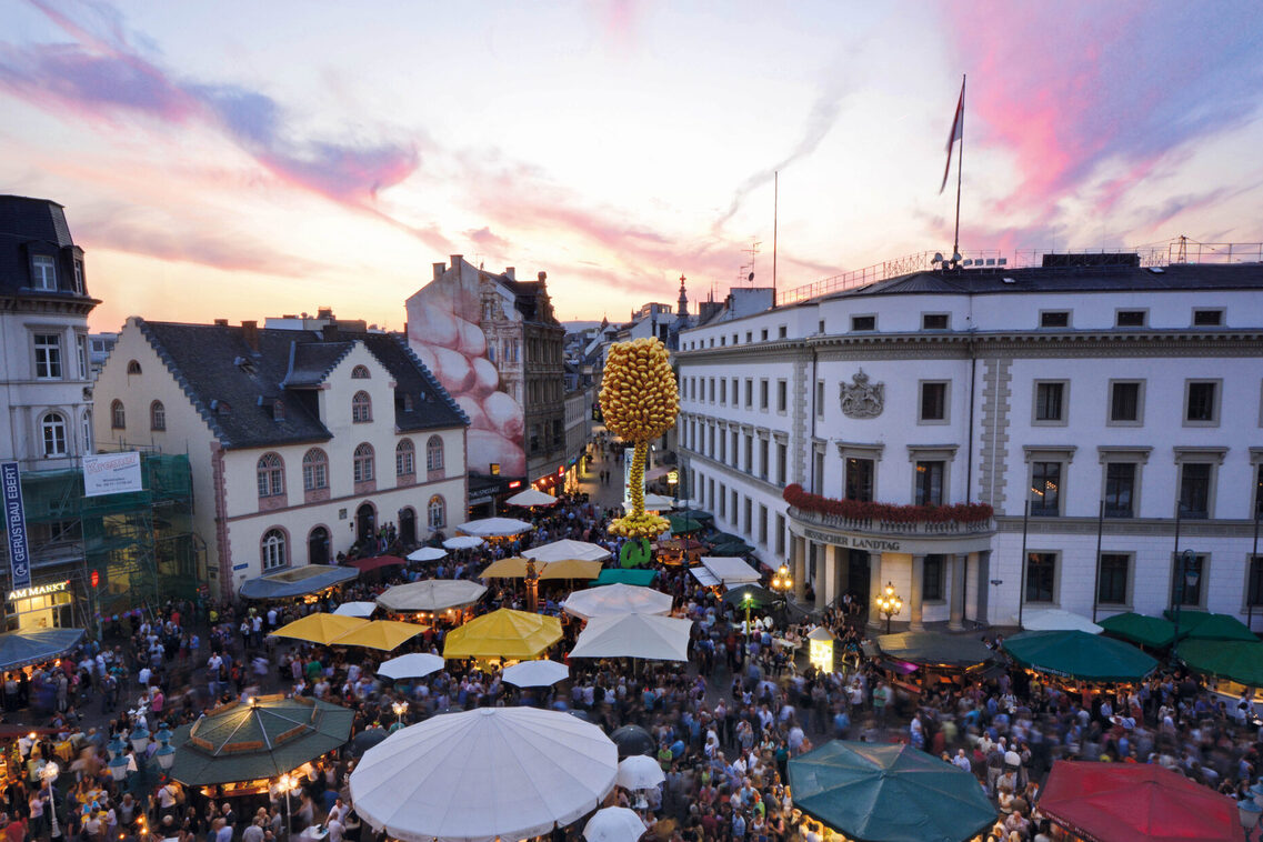 Wine festival on Wiesbaden market square Aerial view