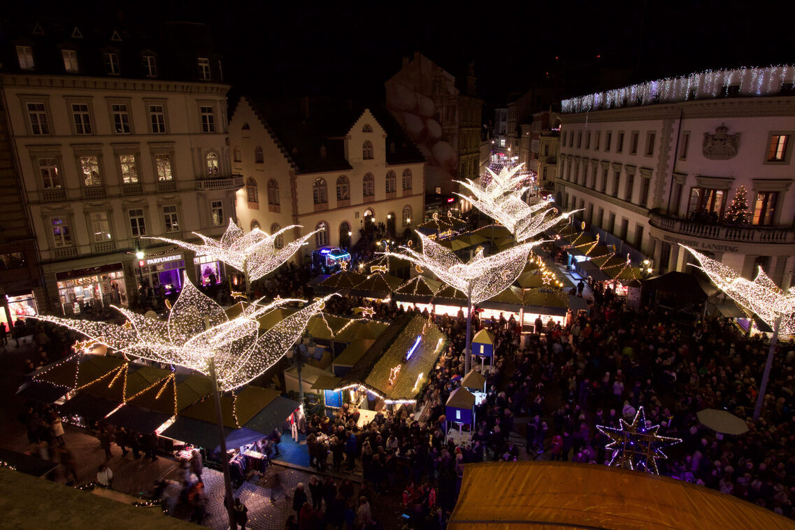 Christmas tree on the market square in Wiesbaden Aerial view