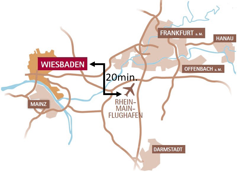 Karte mit Position Wiesbaden, Anreisemöglichkeiten und Umgebung