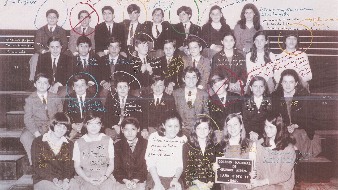 Ein Foto einer Schulklasse mit Schülerinnen und Schülern und handschriftlichen Notizen