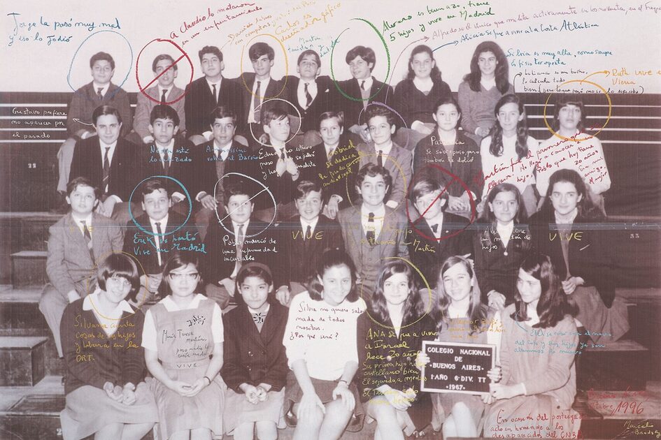 Foto einer Schulklasse mit Schülerinnen und Schülern und handschriftlichen Notizen