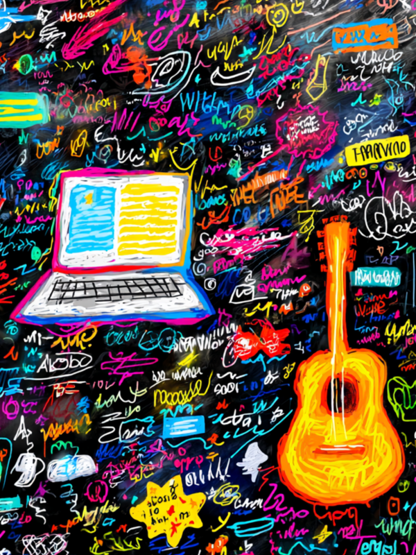 gezeichnete Gitarre und Laptop, KI-generiert
