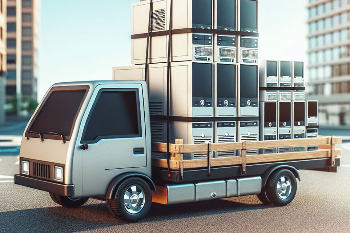 KI generiertes Bild eines Transportes, der viele Spenden-PCs geladen hat