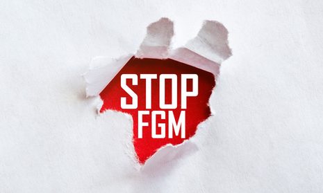 Plakat - Weißes Papier aufgerissen, es kommt das rote Logo "Stop FGM