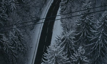 Straße von oben mit verschneiten Bäumen links und rechts