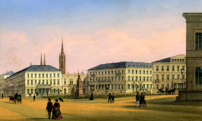 Kolorierter Stich Kaiser-Friedrich-Platz, Ende 19. Jahrhundert