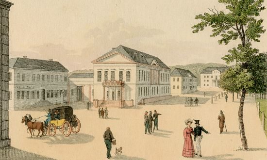 Das Hoftheater in Wiesbaden (Kolorierter Kupferstich, 1828).