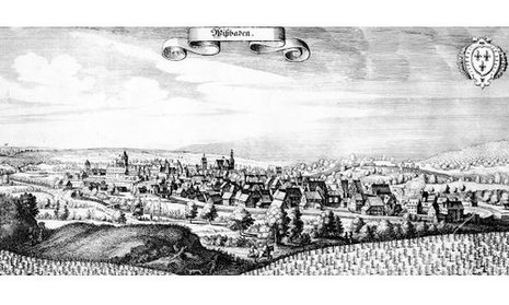 Wiesbaden Mitte des 17. Jahrhunderts, Kupferstich von Matthäus Merian, 164
