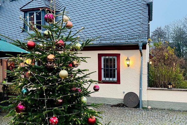 Weihnachtsbaum vor Gebäude
