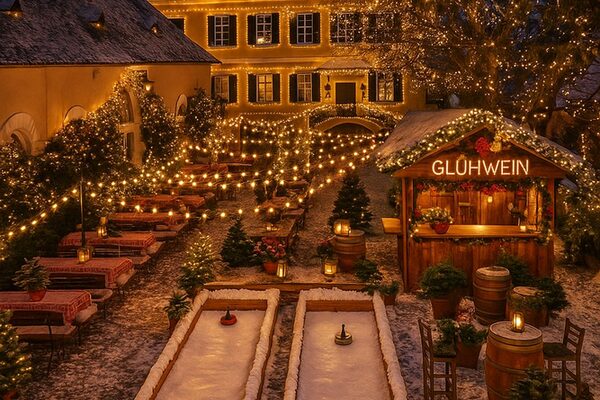 Eisstockbahnen mit Glühweinbuden und Beleuchtung