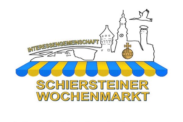 Logo avec stores bleus et jaunes au-dessus de l'inscription "Schiersteiner Wochenmarkt" avec la silhouette de Schierstein en arrière-plan