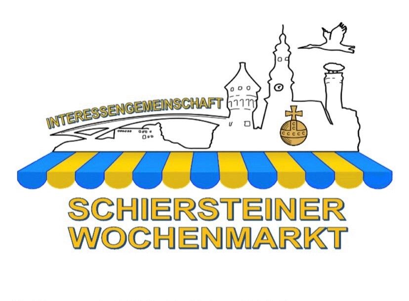 Logo mit blau-gelben Markisen über dem Schriftzug "Schiersteiner Wochenmarkt" mit Schiersteiner Silhouette im Hintergrund