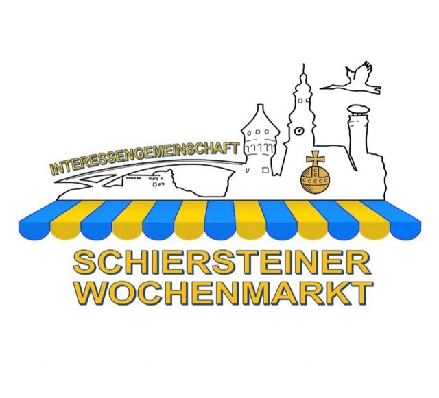 Logo avec stores bleus et jaunes au-dessus de l'inscription "Schiersteiner Wochenmarkt" avec la silhouette de Schierstein en arrière-plan