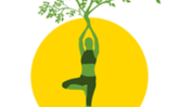 Gezeichneter grüner Mensch vor gelbem Hintergrund in Yoga-Stellung Füße ge