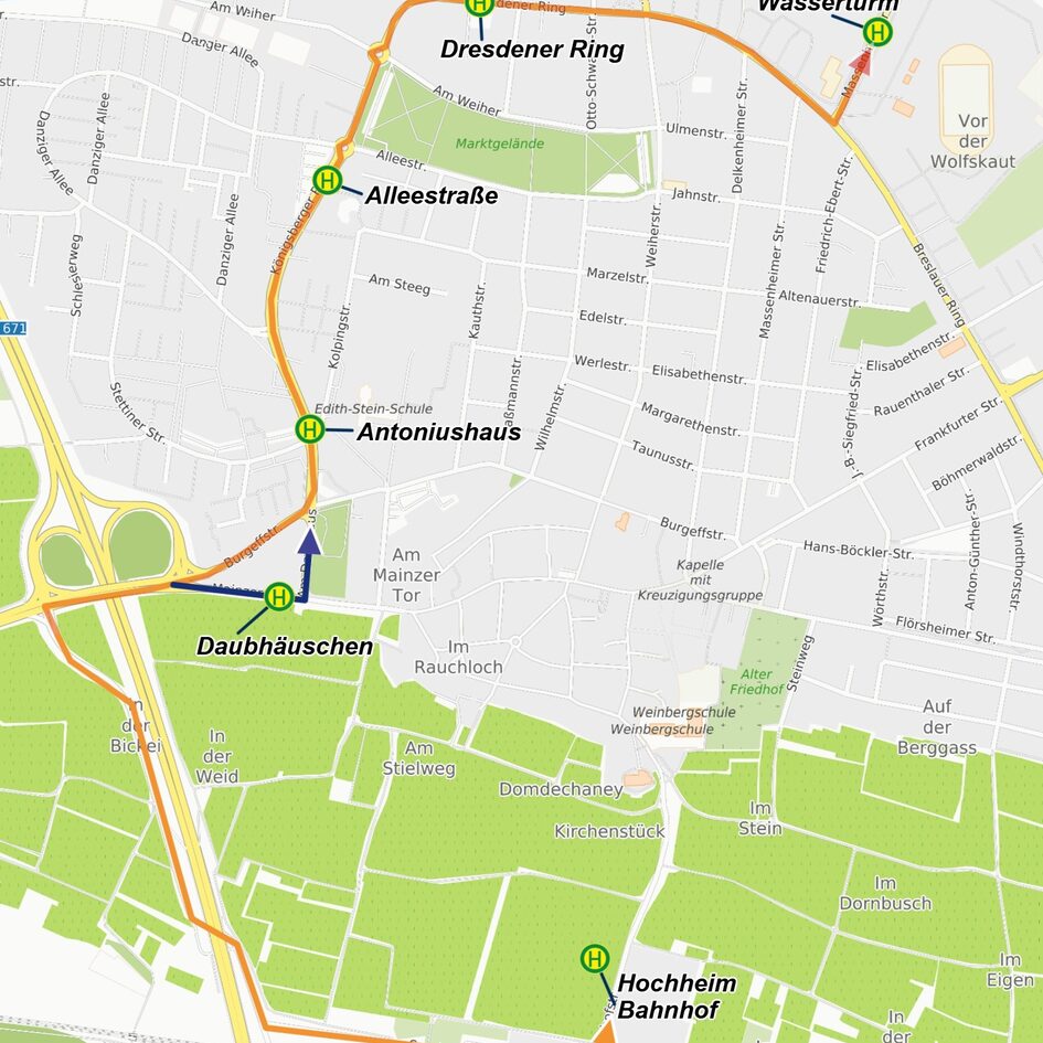 Die Karte zeigt die Umleitungsstrecke der Buslinie 46 in Hochheim.