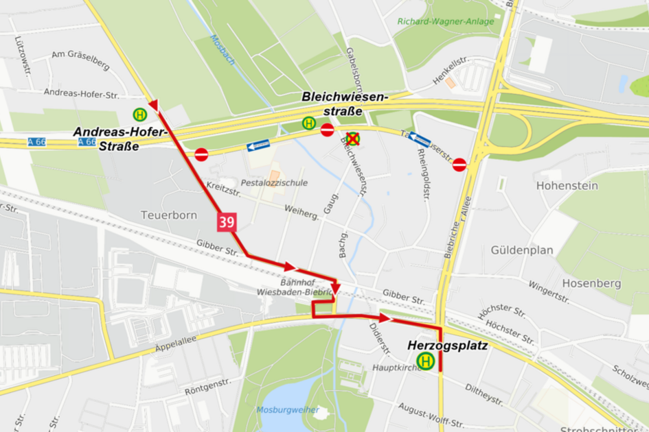 Umleitungsplan der Linie 39 in Biebrich