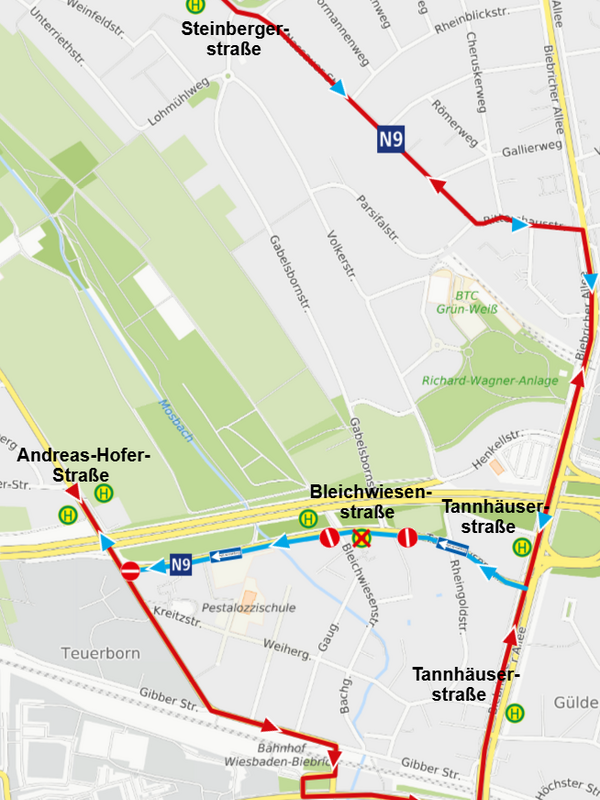 Umleitungsplan der Linie N9 in Biebrich
