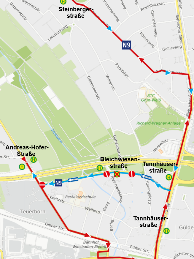Umleitungsplan der Linie N9 in Biebrich