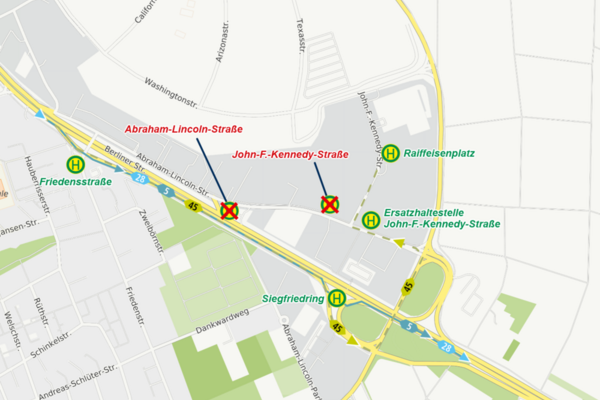 Die Karte zeigt die Busleitungen im Bereich Abraham-Lincoln-Straße.