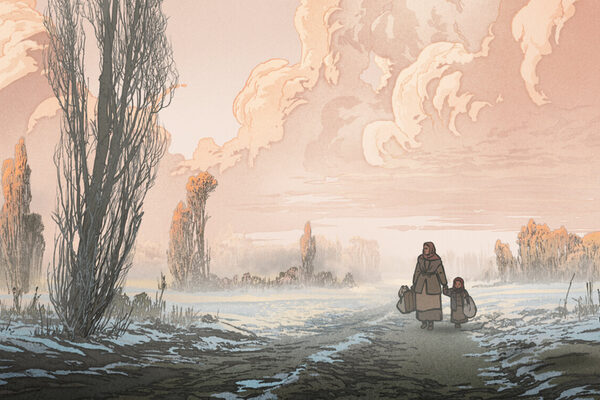Szene aus dem Animationsfilm, in dem eine Frau mit einem kleinen Kind in einer offenen, winterlichen Landschaft zu sehen ist.