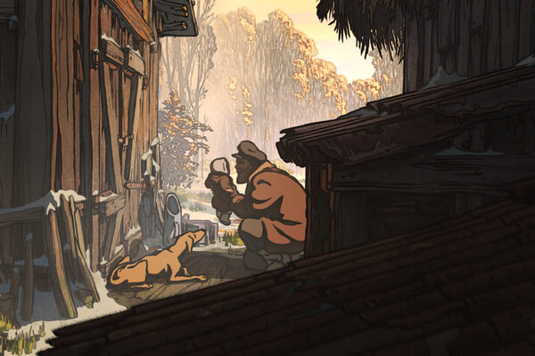 Szene aus dem Animationsfilm, in der ein gebückter Mann zu sehen ist, der ein Kleinkind hochhebt.