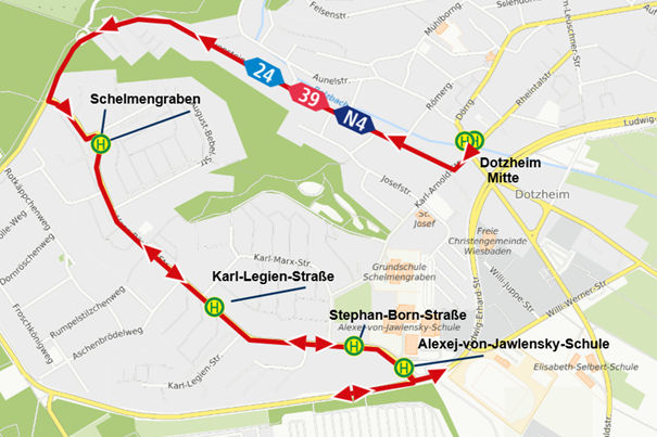 Fahrtweg Richtung Frauenstein: Linie 24 und N4. Es werden nur die Haltestellen in Richtung Dotzheim angefahren