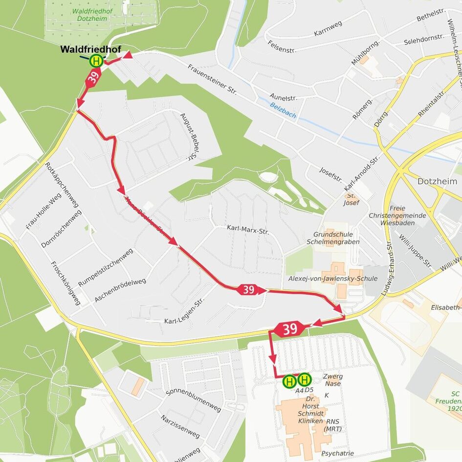 Fahrtweg Richtung HSK über Waldfriedhof, Linie 39.