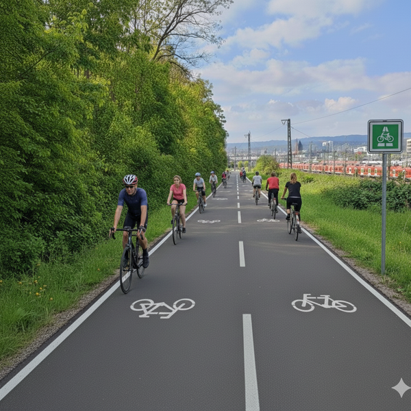 Die KI-generierte Visualisierung zeigt einen Radschnellweg mit Radfahrenden in beiden Richtungen, links ist Buschwerk und rechts eine S-Bahn zu sehen.