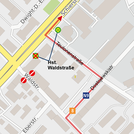 Auf dem Kartenausschnitt ist der temporäre Fahrtweg der Linien 8 und N9 über die Dostojewskistraße und die Teutonenstraße zu sehen.