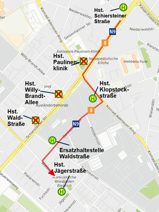 Auf dem Kartenausschnitt ist der temporäre Fahrtweg der Linien 8 und N9 über den Konrad-Adenauer-Ring und die Dostojewskistraße zu sehen.