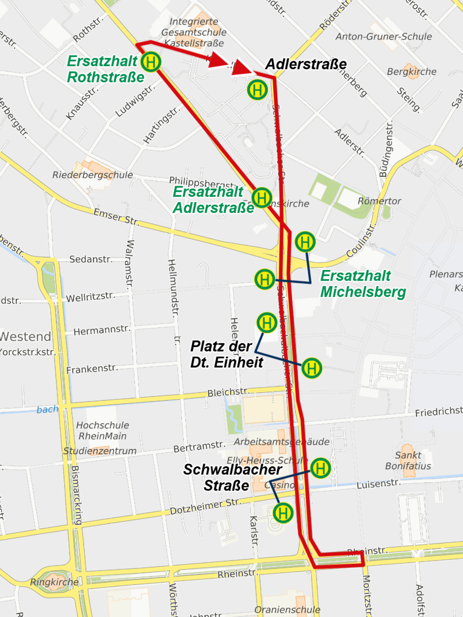 Der Kartenausschnitt zeigt den Fahrtweg des Pendelverkehrs der Linie 6 im Bereich der Schwalbacher Straße während der Sperrung der Platter Straße.
