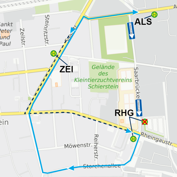 Der Kartenausschnitt zeigt die Umleitungsstrecken im Bereich Schierstein Rheingaustraße.