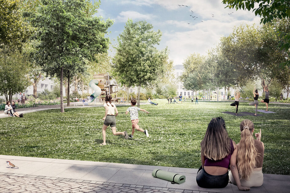 Es ist eine Visualisierung des künftigen Elsässer Parks zu sehen, auf der eine Rasenfläche abgebildet ist. Es sind Menschen, Bäume und im Hintergrund ein Spielplatz sichtbar.