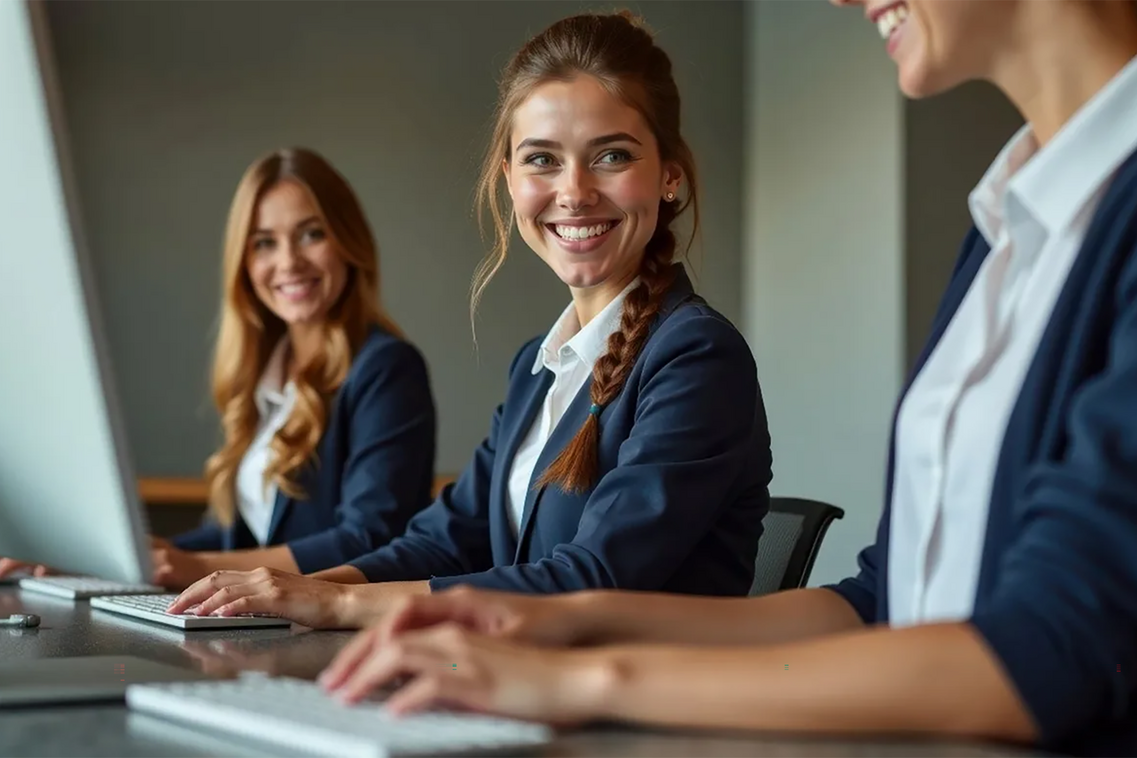 Τρεις νεαρές γυναίκες μπροστά από τα PCs.