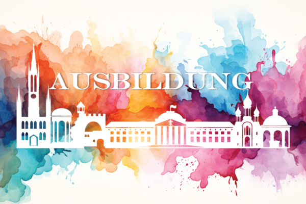 Bunte Silhouette der Stadt Wiesbaden mit dem Schriftzug "Ausbildung" im Vordergrund.