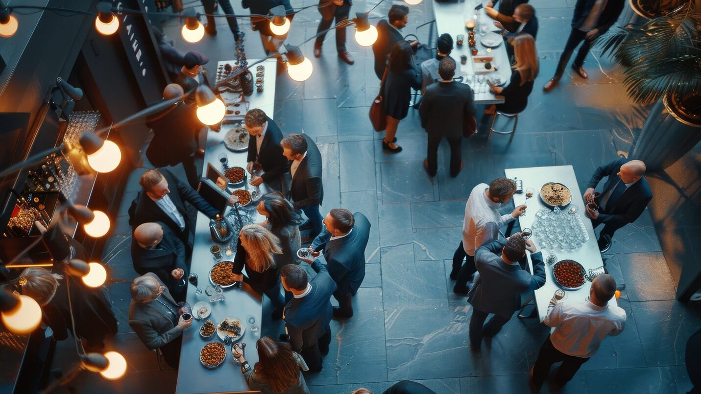 A group of people enjoying drinks and socializing at a lively party atmosphere, A corporate event with people networking and mingling. AI generated