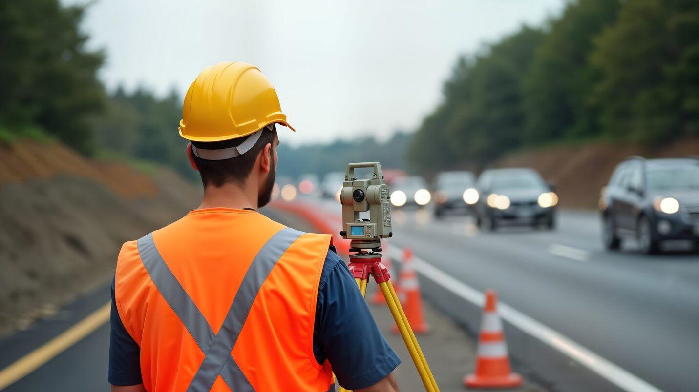 Civil engineer in safety vest, hard hat uses surveying equipment to inspect expressway road construction site. Engineer focuses on project quality control, highway development. Oversees