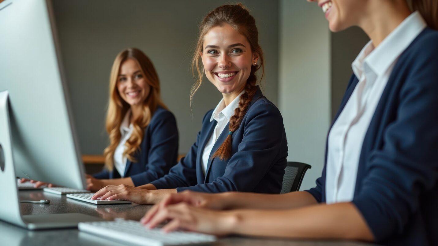 Three happy receptionists work at modern hotel front desks. Sit at computers, smile. Hotel staff provides excellent service to customers. Modern hotel tech tools at lobby desks. Hotel professional,