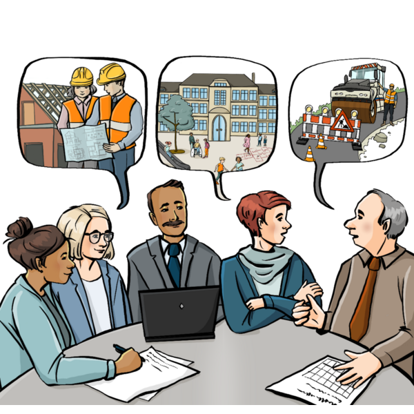 Menschen gezeichnet am Tisch mit Sprechblasen.