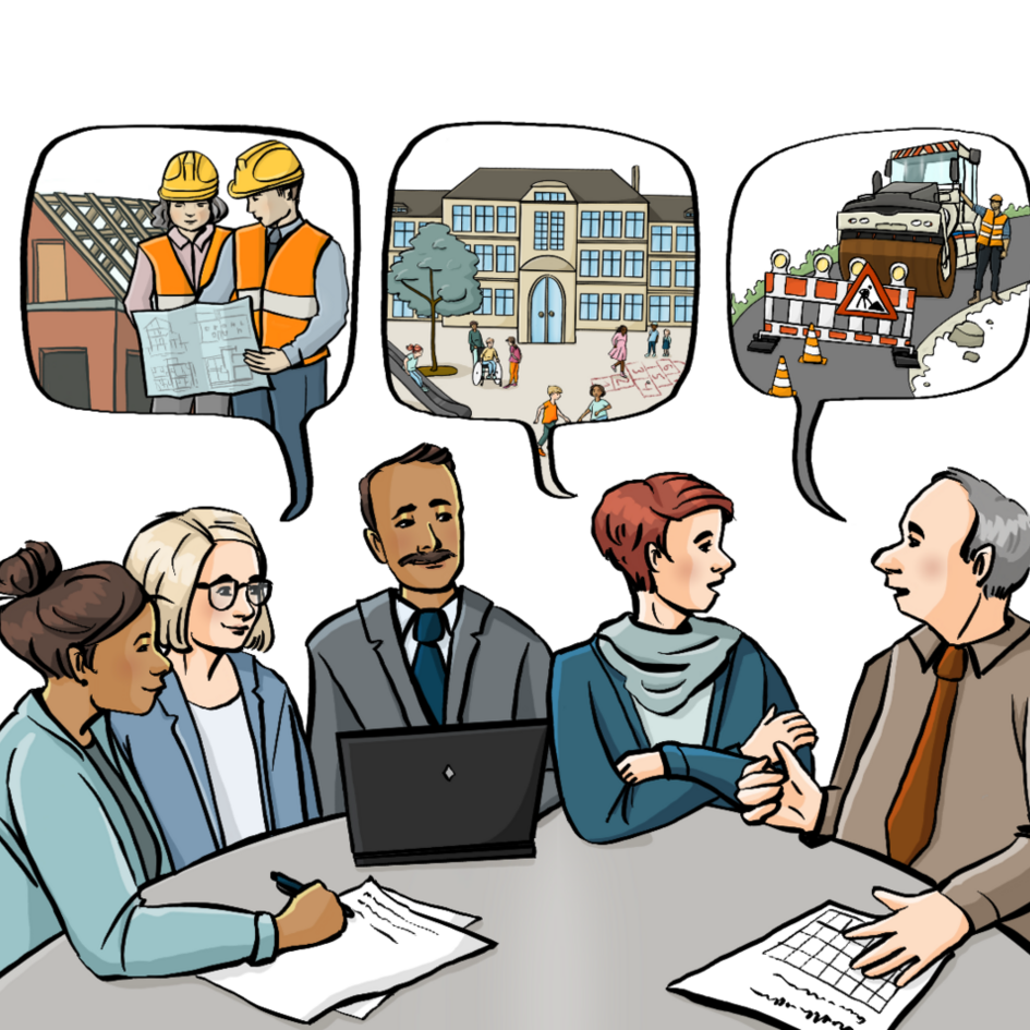 Menschen gezeichnet am Tisch mit Sprechblasen.